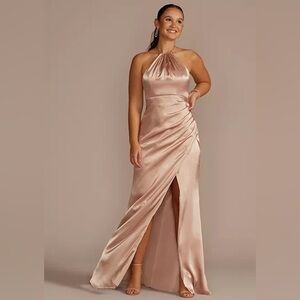 David’s Bridal Galina Signature Tie-Neck Charmeuse Halter Dress Sand 10 GS290121